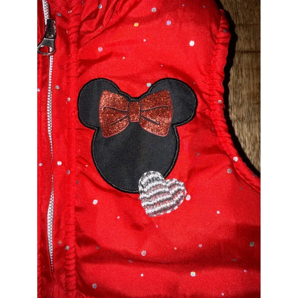 Disney Junior Minnie Mouse Red Glitter Polka Dot Hooded Puffer Vest 3T Ear Bow